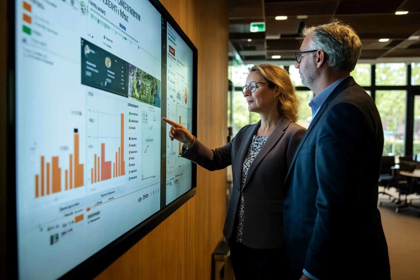 Twee gemeenteambtenaren in een vergaderzaal bekijken een digitaal participatiedashboard op een groot scherm en bespreken de ingekomen reacties van inwoners.