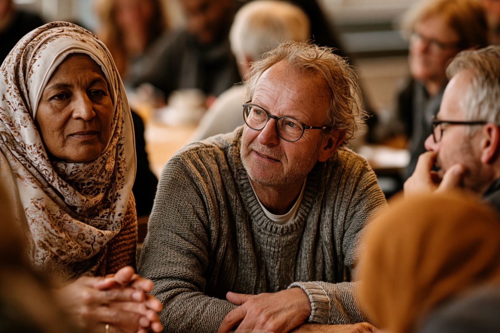 Diverse inwoners van verschillende leeftijden en achtergronden luisteren naar elkaar tijdens een participatiebijeenkomst.